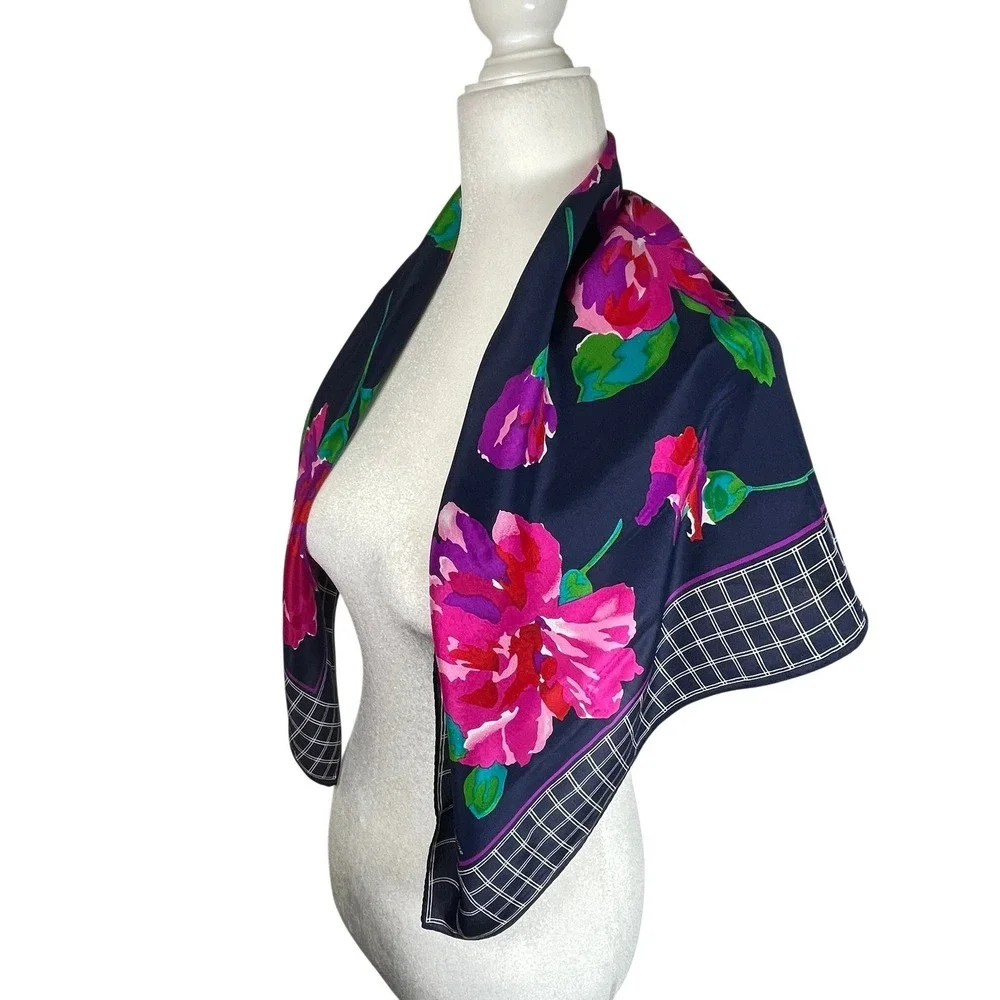 Liz Claiborne Vintage 100% Silk Scarf Navy Blue Pink Floral Windowpane Japan 31